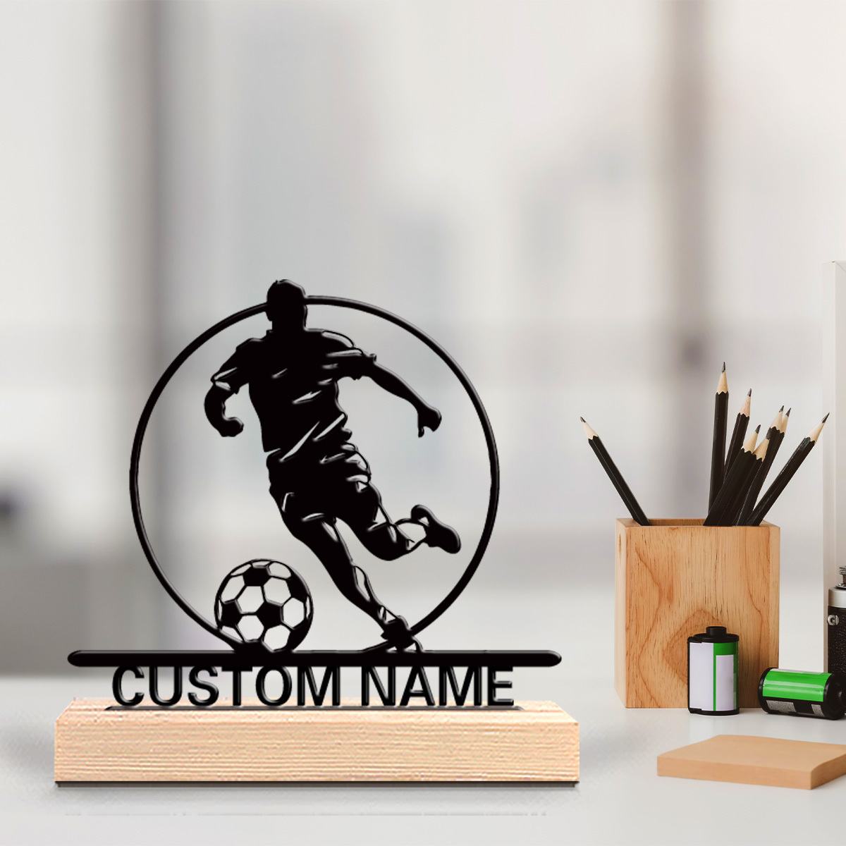 Office Furniture Desk - İsme Özel Metal Futbolcu Heykeli, Ahşap